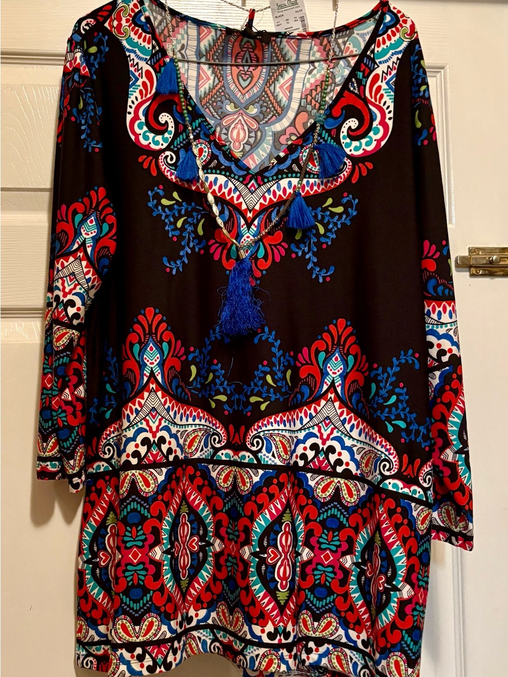 Melissa Paige Black Multicolor Printed Tunic w Coordinating Tassel Necklace-XL